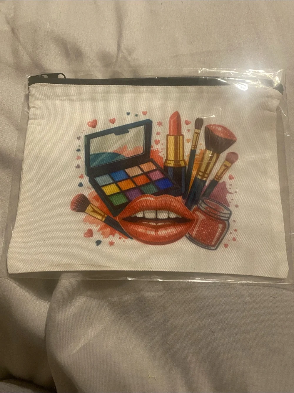 Canvas Makeup Pouch with Colorful Cosmetics Illustration - White